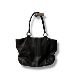Coach Large Black Leather Shoulder Tote Bag Silver Hardware White Stitching
